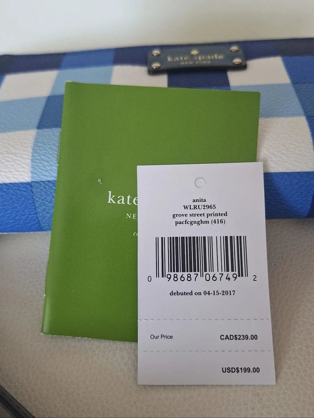 Kate Spade Anita Blue Gingham Leather Wallet NWT